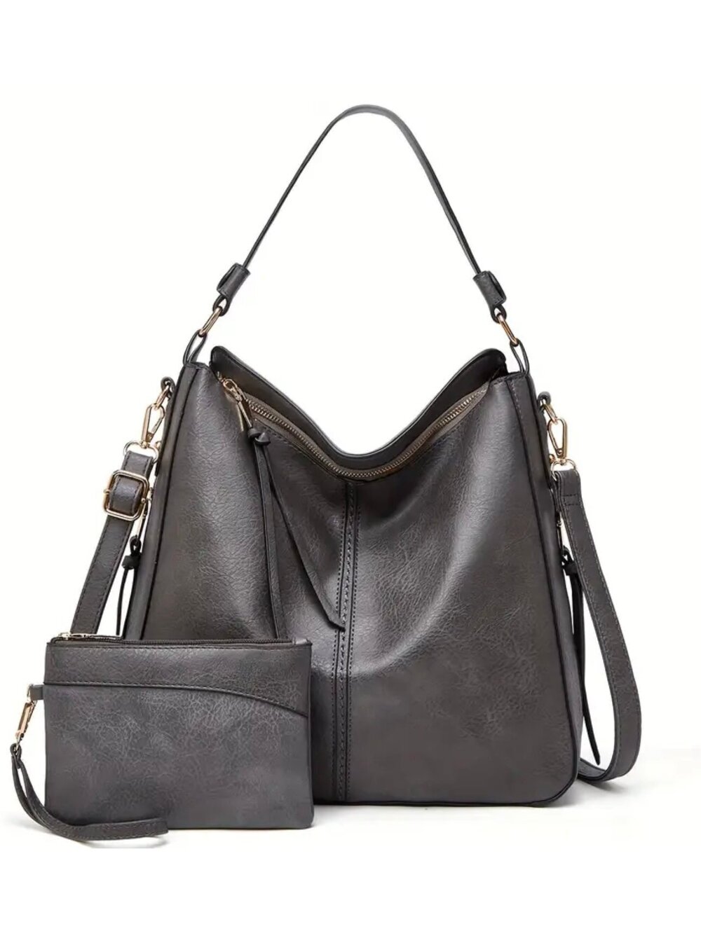 New -Trendy -Vintage Inspired - 2Pcs Faux Leather Shoulder Bag Set -Gray